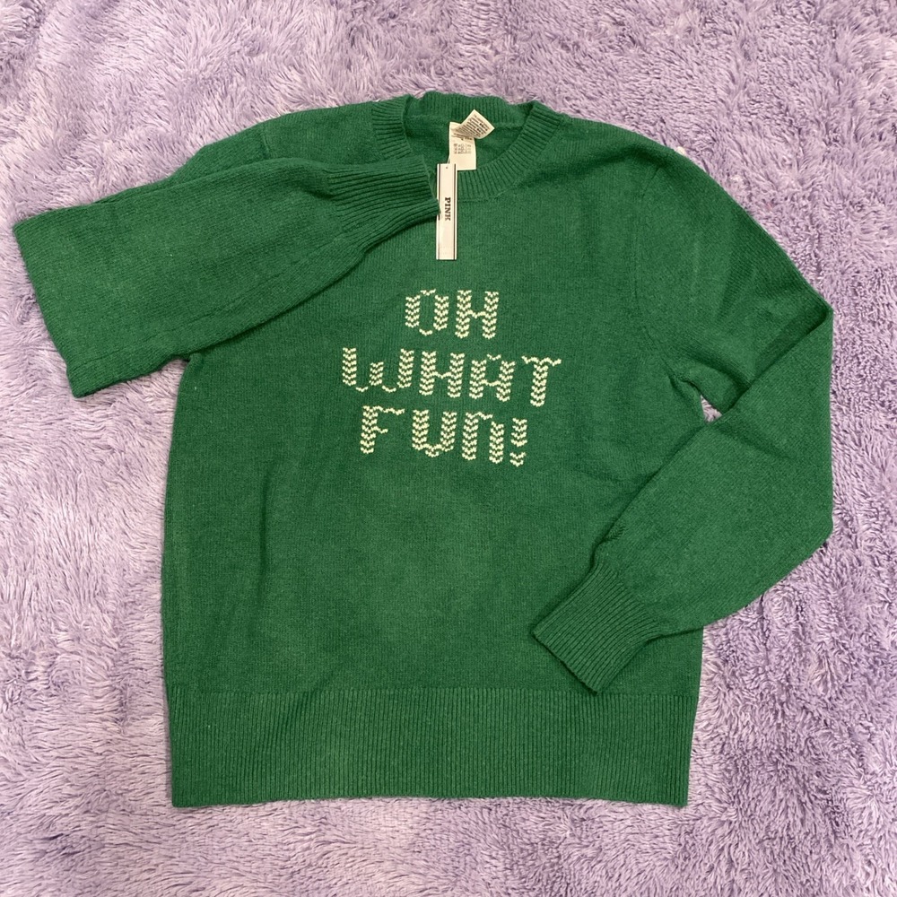 Pink By Victoria Green Knit Crewneck Sweater " Oh What Fun!"